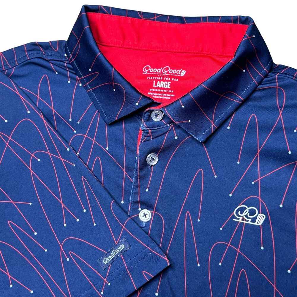 Good Good Golf Tracer Polo Shirt Mens Large L Blue Red Shot Tracker Aop Graphic